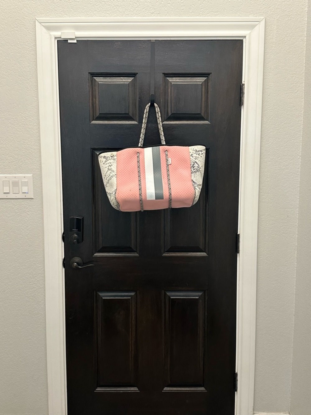 Pink Neoprene Tote with Snake-Print Trim and Center Stripe